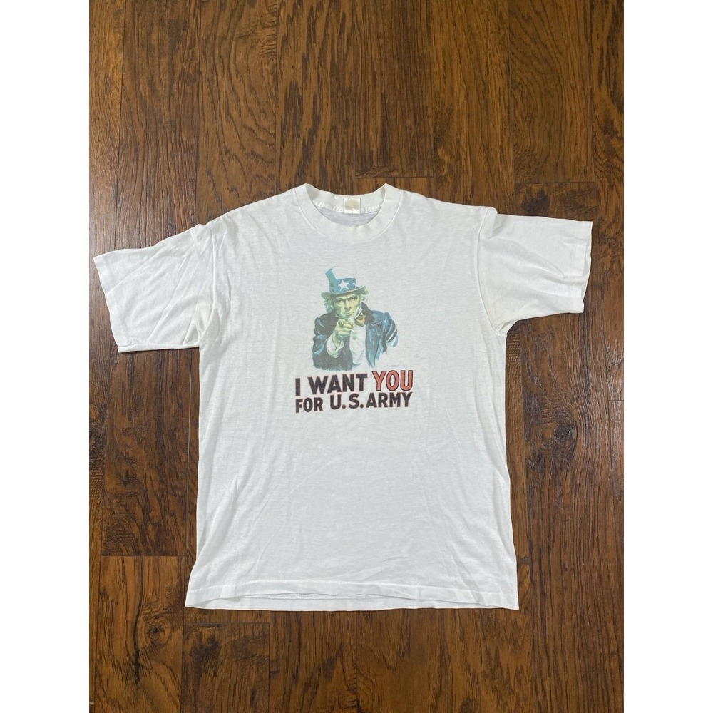 Vintage Silver Star Uncle Sam I Want You US Army Graphic T-Shirt White Large